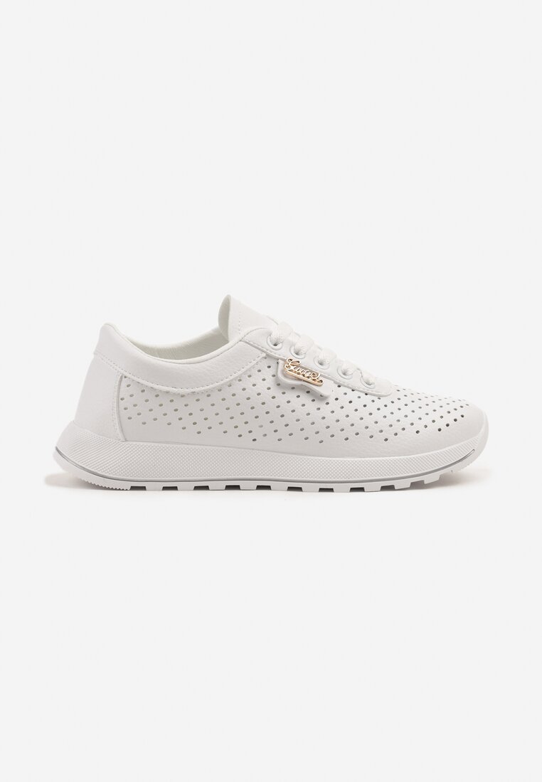 Białe Sneakersy z Ażurową Cholewką i Metalicznym Napisem Turesse
