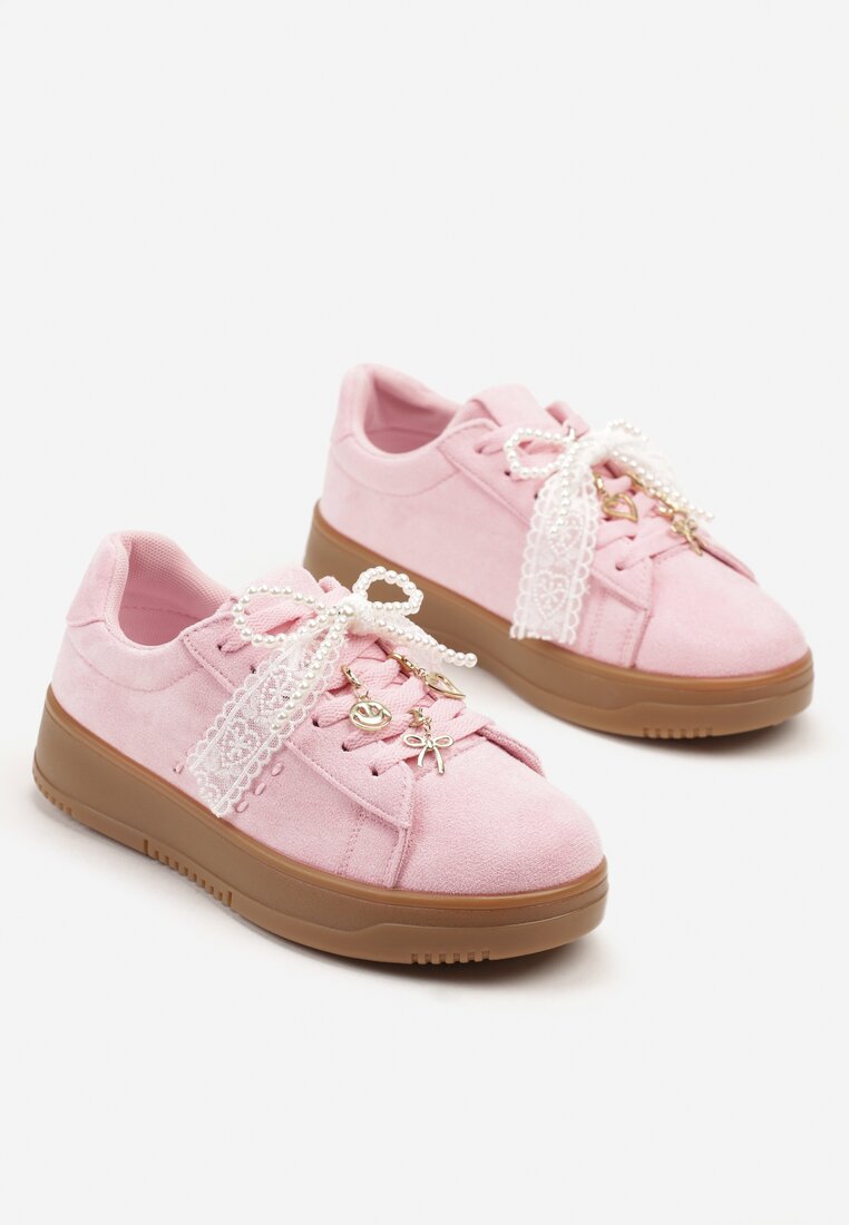 Różowe Sneakersy na Niskiej Platformie z Aplikacjami i Kokardkami Divienne