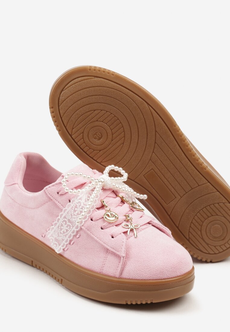 Różowe Sneakersy na Niskiej Platformie z Aplikacjami i Kokardkami Divienne
