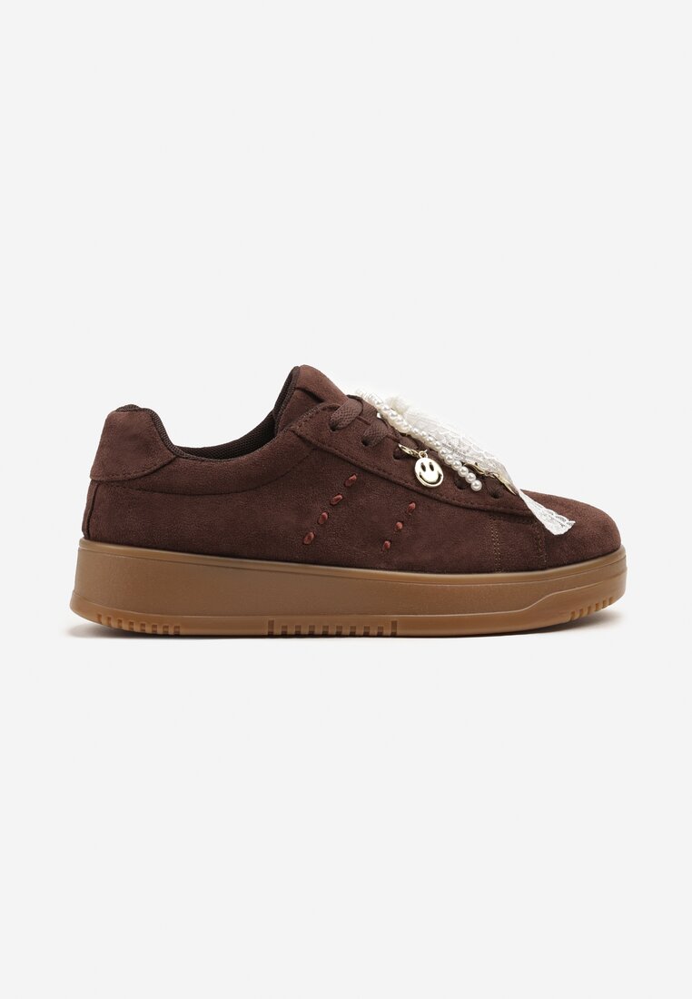 Brązowe Sneakersy na Niskiej Platformie z Aplikacjami i Kokardkami Divienne