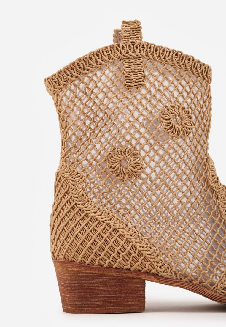 Ciemnobeżowe Botki Kowbojki na Stożku ze Skórzaną Wkładką i Siateczkową Cholewką Frolozi