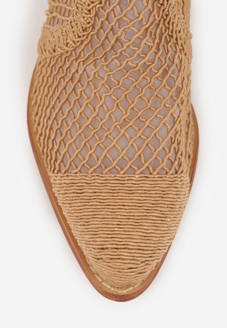 Ciemnobeżowe Botki Kowbojki na Stożku ze Skórzaną Wkładką i Siateczkową Cholewką Frolozi