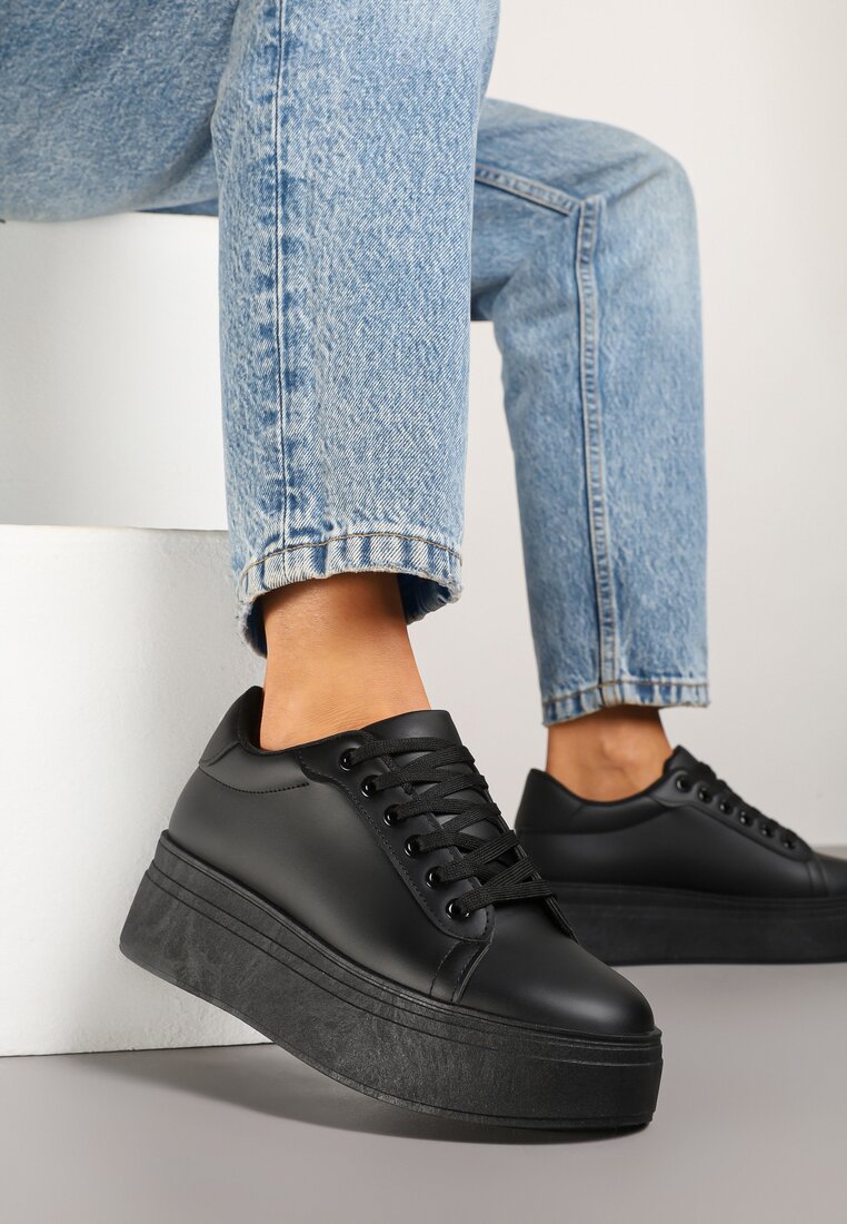 Czarne Basicowe Sneakersy na Platformie Milio