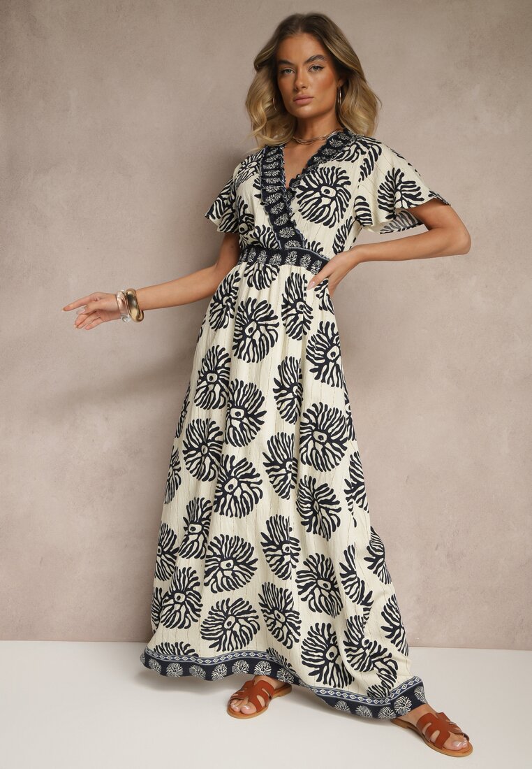 Niebieska Sukienka w Print Boho z Wiskozy Rozkloszowana z Dekoltem V Palarina
