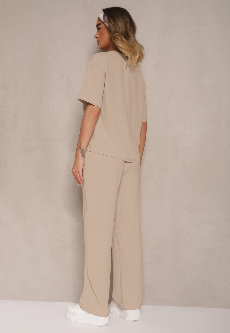 Ciemnobeżowy Komplet w Stylu Oversize Utility Bluzka i Szerokie Spodnie Eviralitta