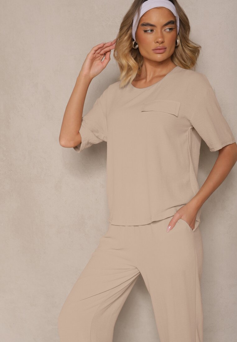 Ciemnobeżowy Komplet w Stylu Oversize Utility Bluzka i Szerokie Spodnie Eviralitta