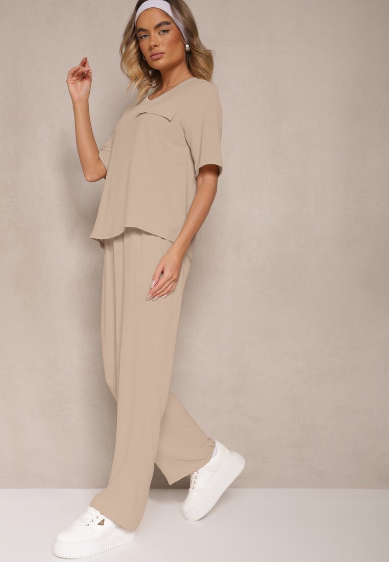 Ciemnobeżowy Komplet w Stylu Oversize Utility Bluzka i Szerokie Spodnie Eviralitta