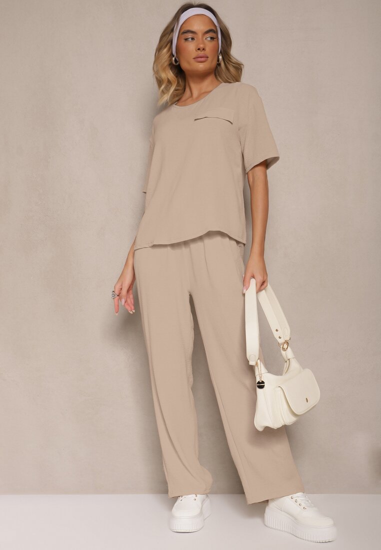 Ciemnobeżowy Komplet w Stylu Oversize Utility Bluzka i Szerokie Spodnie Eviralitta