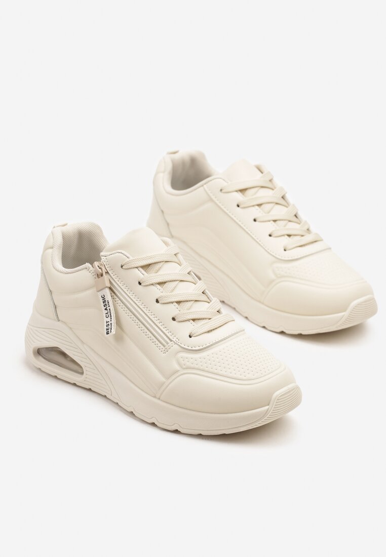 Beżowe Sneakersy z Tłoczoną Cholewką i Napisami Tosilea
