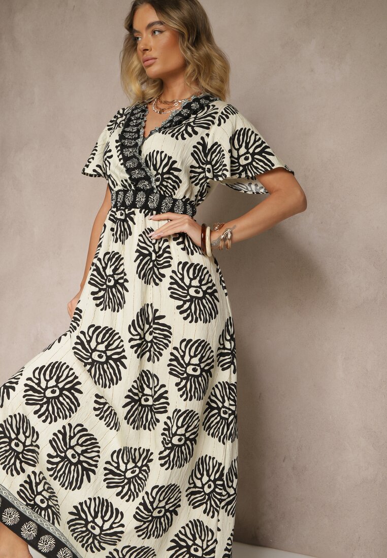 Beżowo-Czarna Sukienka w Print Boho z Wiskozy Rozkloszowana z Dekoltem V Palarina