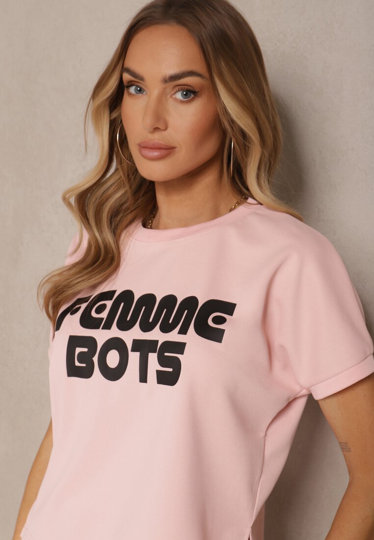 Różowy T-shirt z Nadrukiem Napisu Dezerine