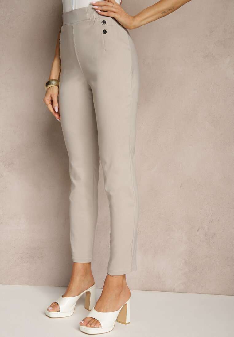 Beżowe Spodnie z Wiskozą High Waist z Ozdobnymi Guzikami Redillia