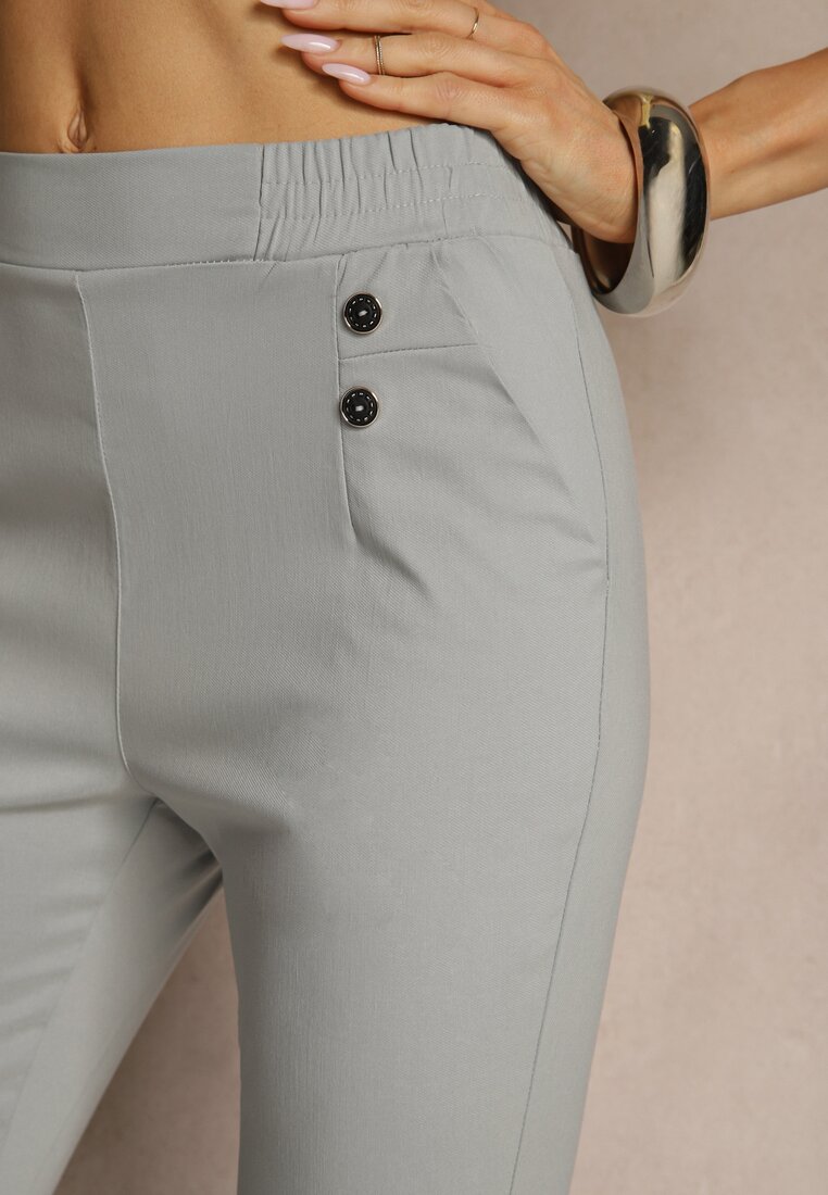 Szare Spodnie z Wiskozą High Waist z Ozdobnymi Guzikami Redillia