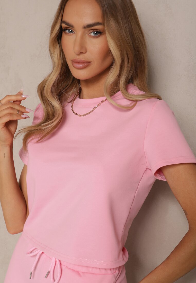 Różowy Bawełniany T-shirt o Fasonie Cropped Galionela