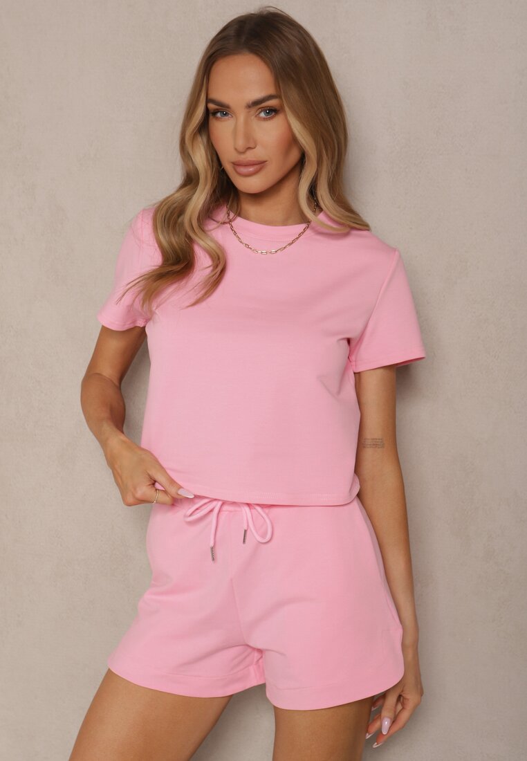 Różowy Bawełniany T-shirt o Fasonie Cropped Galionela