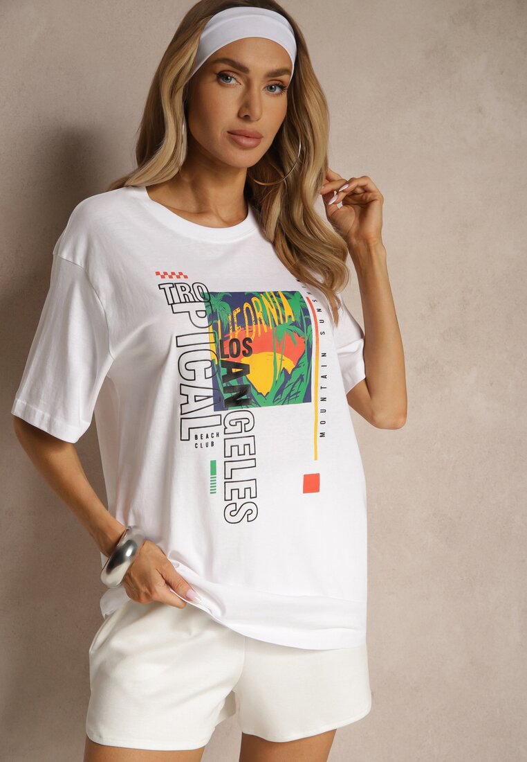 Biała Koszulka T-shirt z Bawełny Zdobiona Oryginalnym Nadrukiem Savindrae