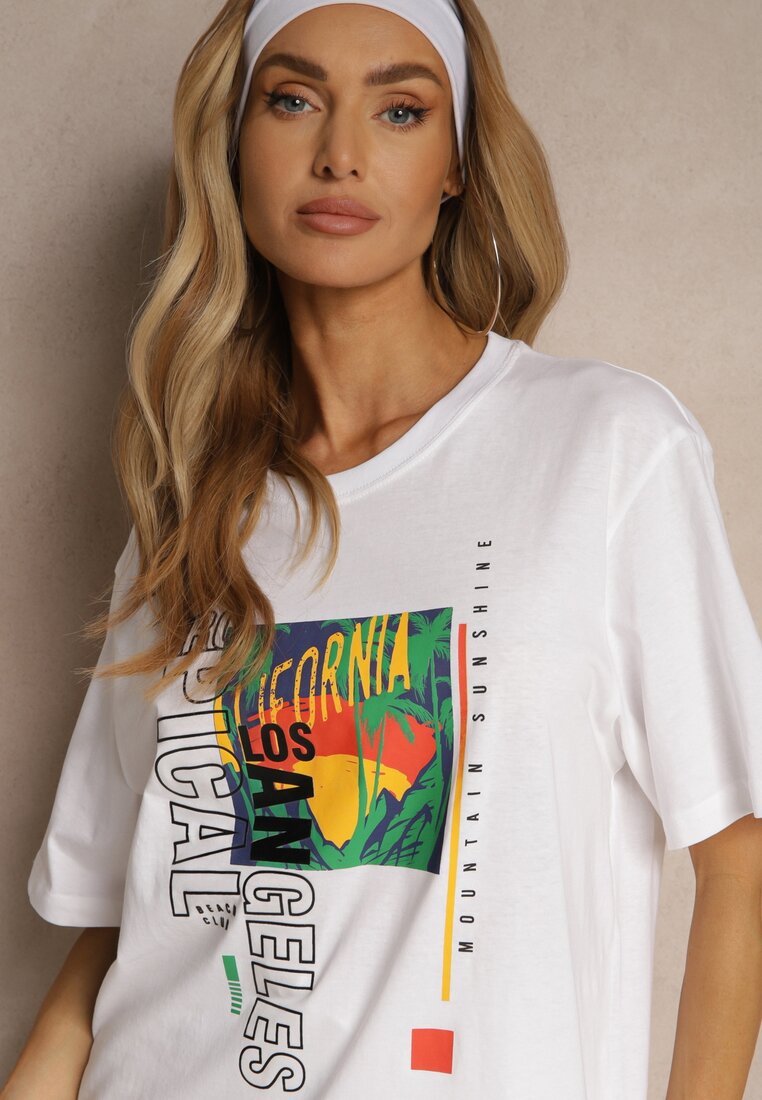 Biała Koszulka T-shirt z Bawełny Zdobiona Oryginalnym Nadrukiem Savindrae