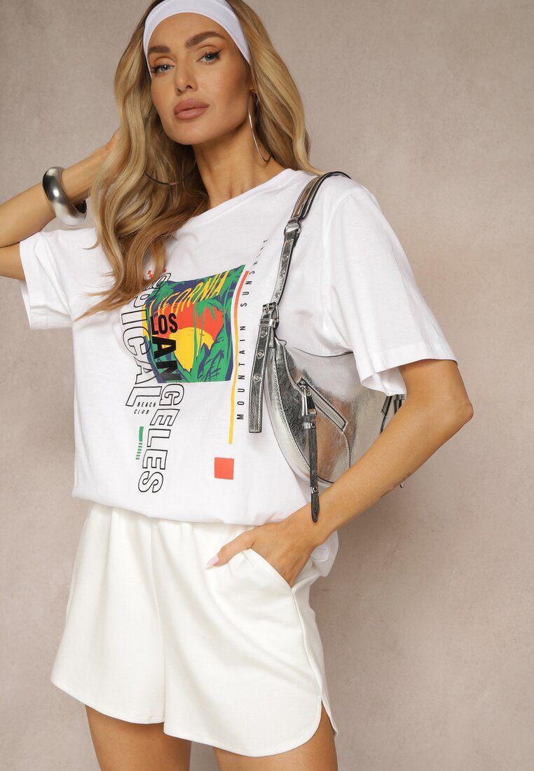 Biała Koszulka T-shirt z Bawełny Zdobiona Oryginalnym Nadrukiem Savindrae