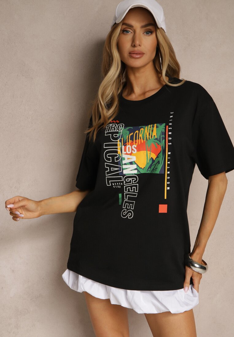 Czarna Koszulka T-shirt z Bawełny Zdobiona Oryginalnym Nadrukiem Savindrae