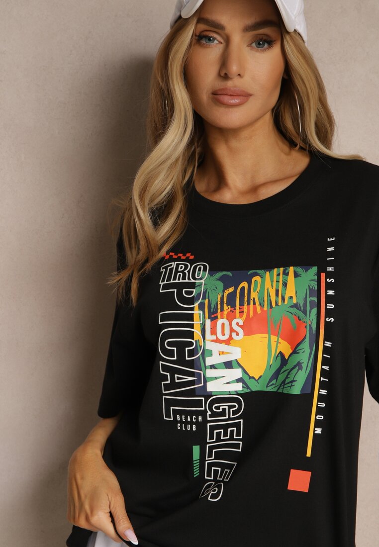 Czarna Koszulka T-shirt z Bawełny Zdobiona Oryginalnym Nadrukiem Savindrae
