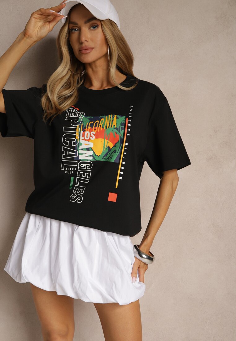 Czarna Koszulka T-shirt z Bawełny Zdobiona Oryginalnym Nadrukiem Savindrae
