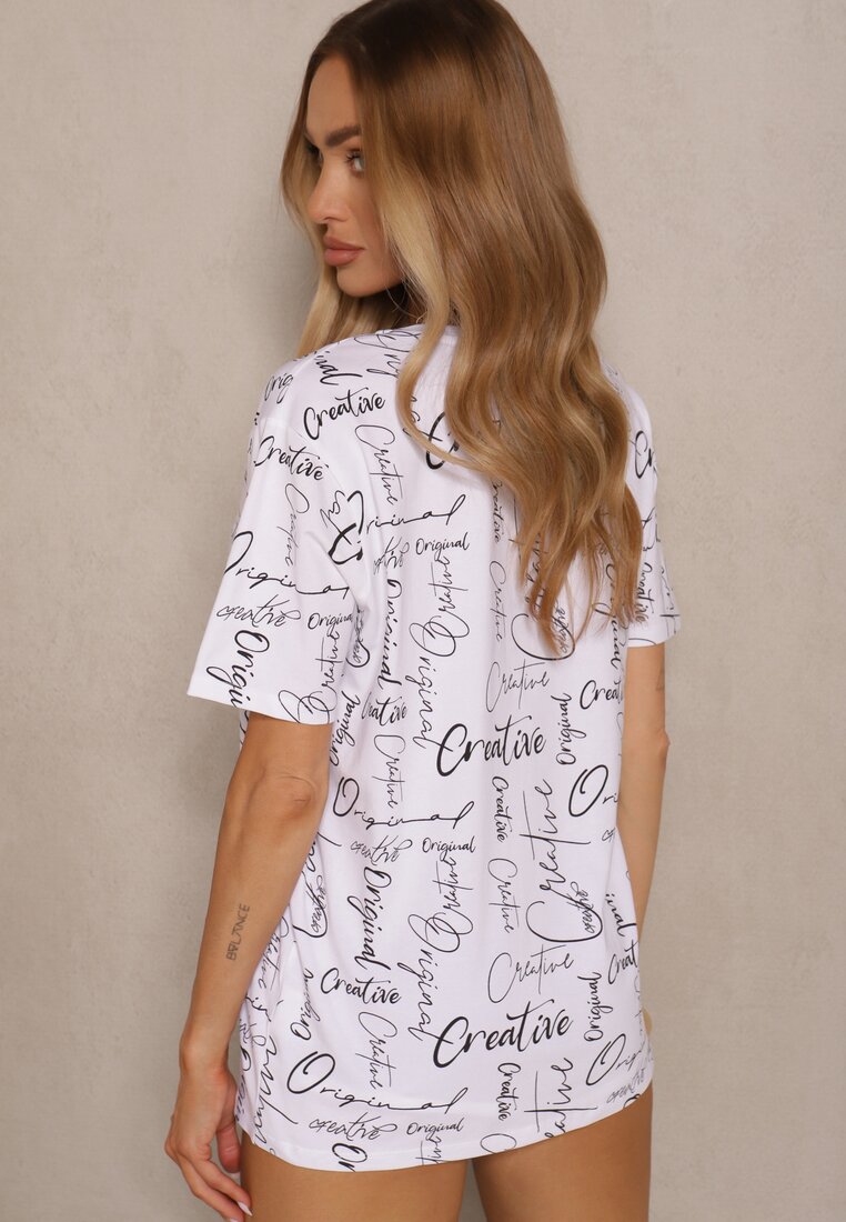 Biały Bawełniany T-shirt o Kroju Oversize z Ozdobnym Nadrukiem Aveneli