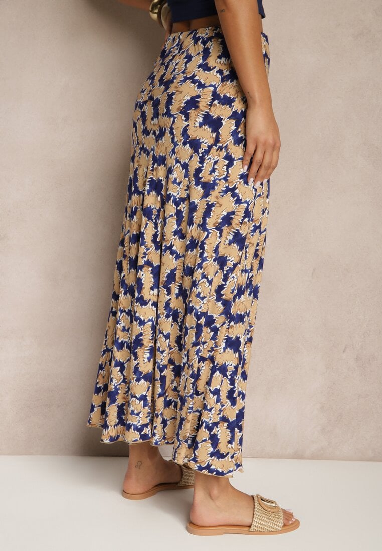 Granatowo-Beżowa Rozkloszowana Spódnica z Wiskozy High Waist Fevanice