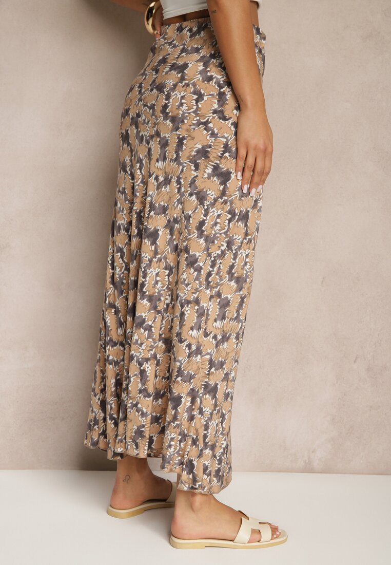 Szaro-Beżowa Rozkloszowana Spódnica z Wiskozy High Waist Fevanice
