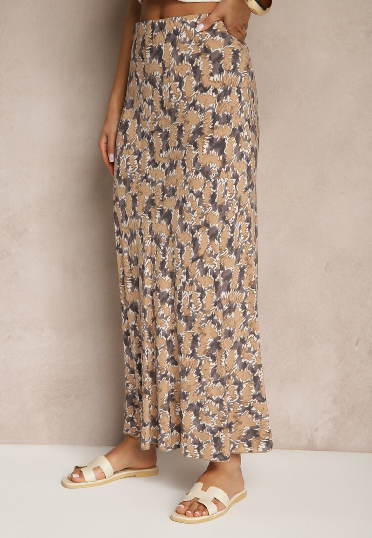 Szaro-Beżowa Rozkloszowana Spódnica z Wiskozy High Waist Fevanice