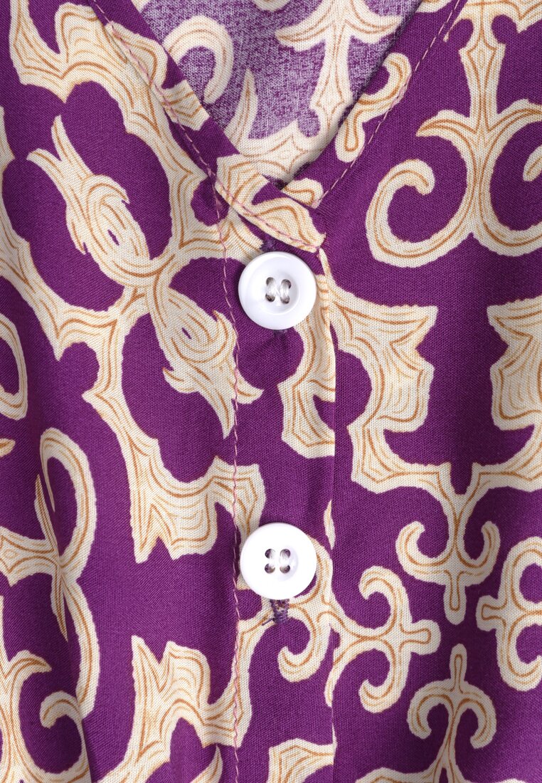 Ciemnofioletowa Sukienka z Bawełny z Trójkątnym Dekoltem i Gumką w Talii Zapinana na Guziki Lavlea