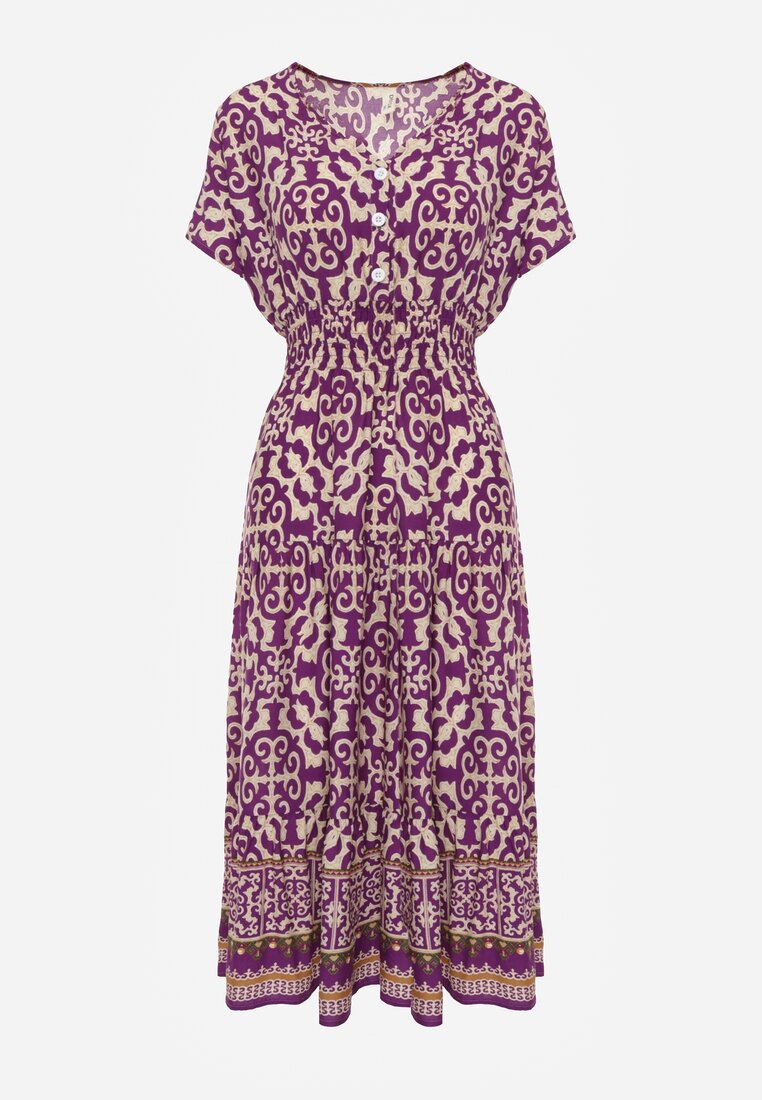 Ciemnofioletowa Sukienka z Bawełny z Trójkątnym Dekoltem i Gumką w Talii Zapinana na Guziki Lavlea