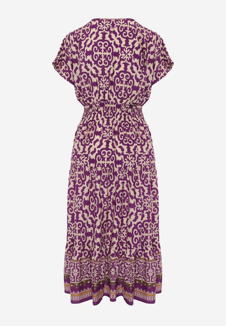 Ciemnofioletowa Sukienka z Bawełny z Trójkątnym Dekoltem i Gumką w Talii Zapinana na Guziki Lavlea