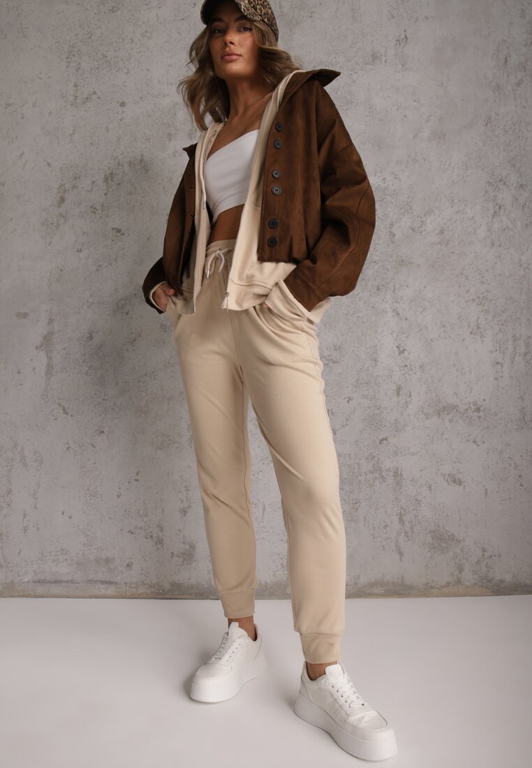 Beżowy Komplet Dresowy Spodnie Joggery i Bluza z Kapturem na Suwak Bernika