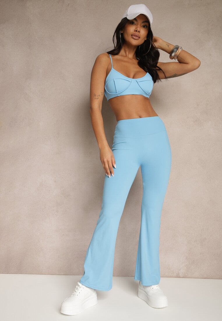 Niebieskie Spodnie Dzwony Legginsy High Waist Onellin