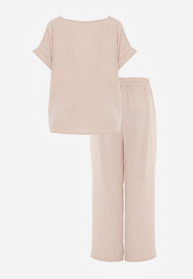 Jasnobeżowy Komplet Bluzka i Luźne Spodnie z Wiskozą i Kieszonkami Efraria