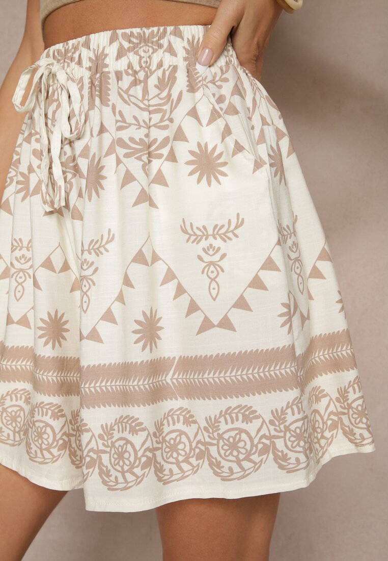 Beżowe Szorty High Waist z Abstrakcyjnym Wzorem Filasena