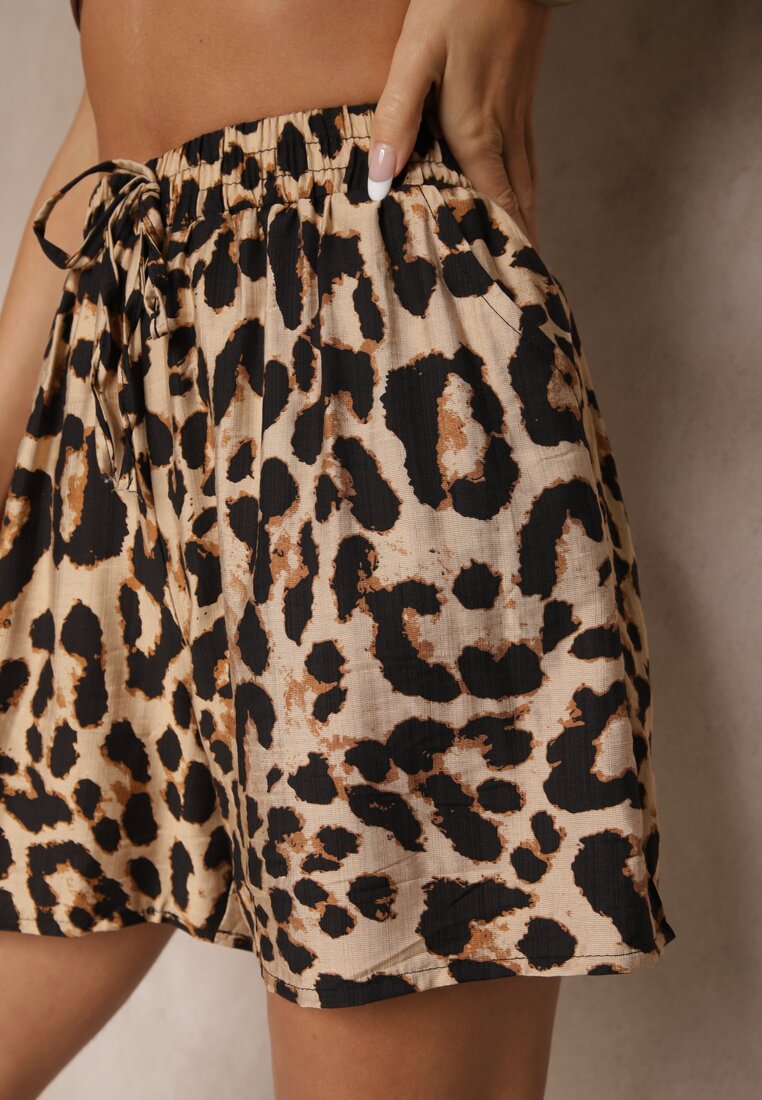 Brązowe Panterkowe Szorty High Waist Revaisae