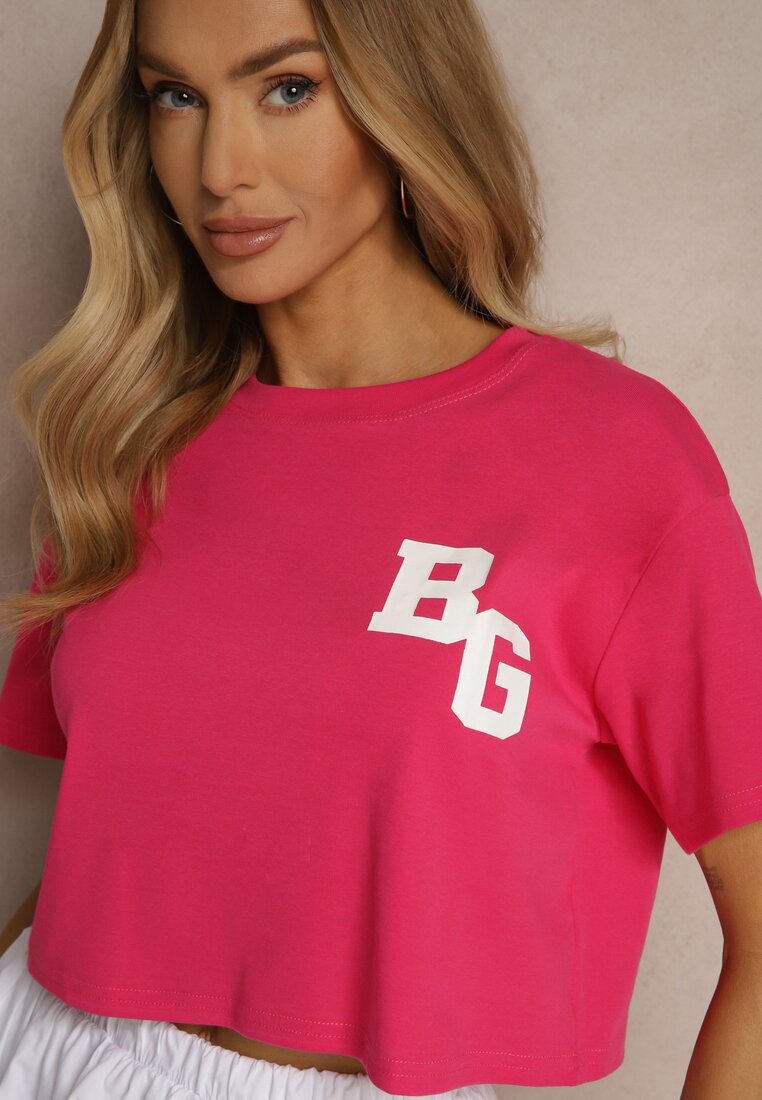 Fuksjowy Krótki T-shirt z Bawełny o Kroju Oversize Zarvela