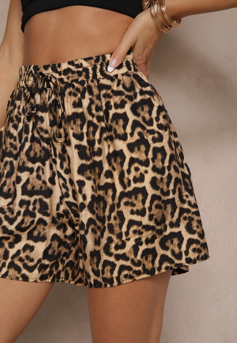 Czarno-Beżowe Panterkowe Szorty High Waist Revaisae
