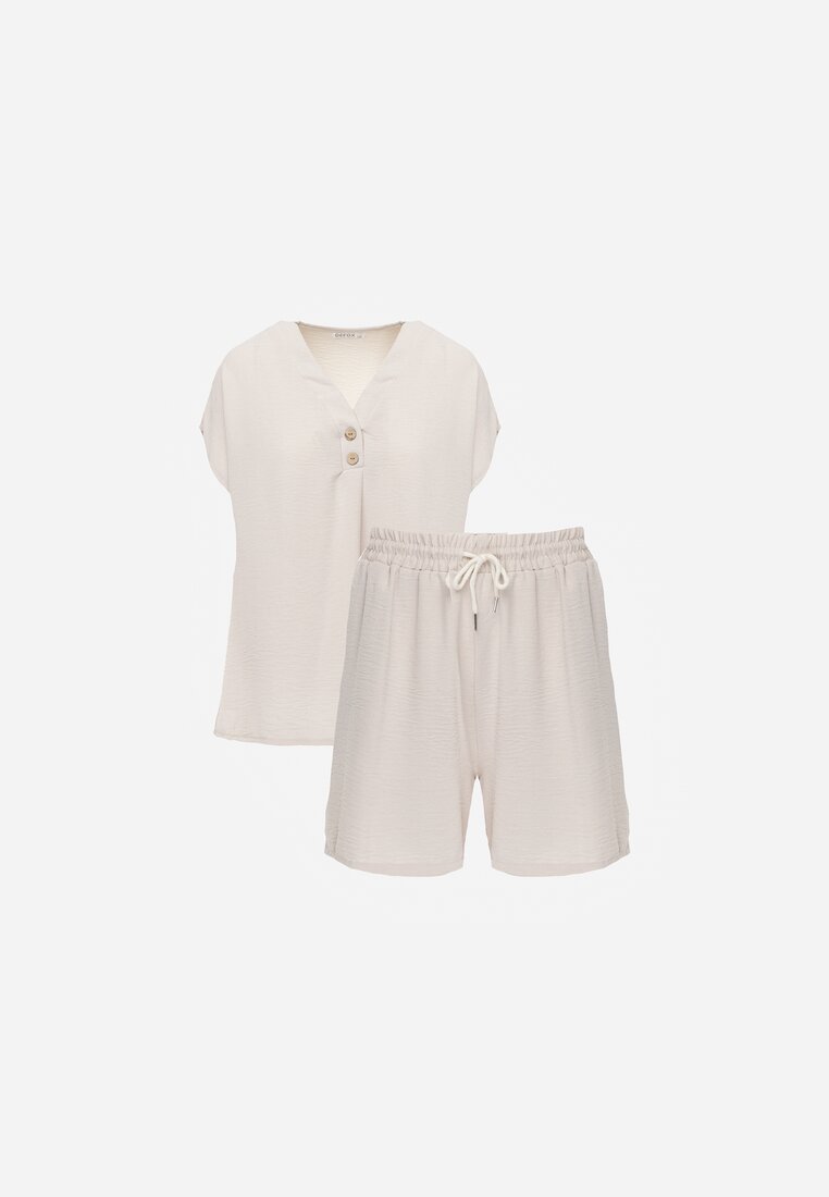 Beżowy Komplet z Wiskozą T-shirt z Ozdobnymi Guzikami i Szorty Niterela