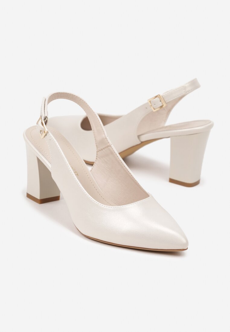 Beżowe Sandały Slingback na Słupkowym Obcasie z Wkładką ze Skóry Naturalnej Linariona