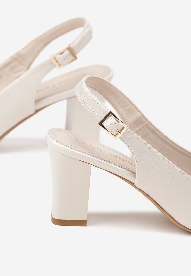 Beżowe Sandały Slingback na Słupkowym Obcasie z Wkładką ze Skóry Naturalnej Linariona