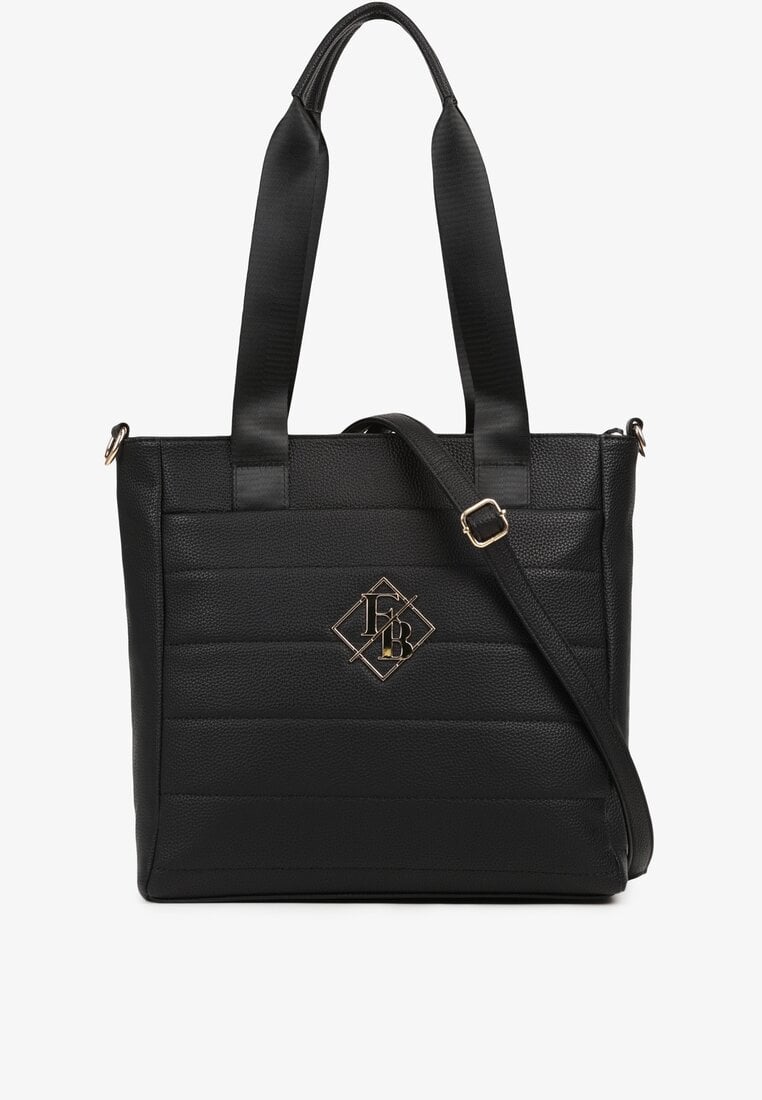 Czarna Torebka Typu Shopper z Paskiem Crossbody i Aplikacją Zdobiona Pikowaniem Fleomira