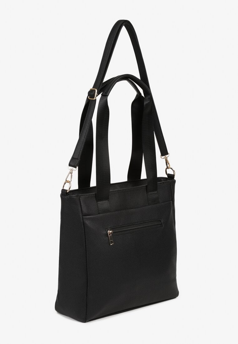 Czarna Torebka Typu Shopper z Paskiem Crossbody i Aplikacją Zdobiona Pikowaniem Fleomira