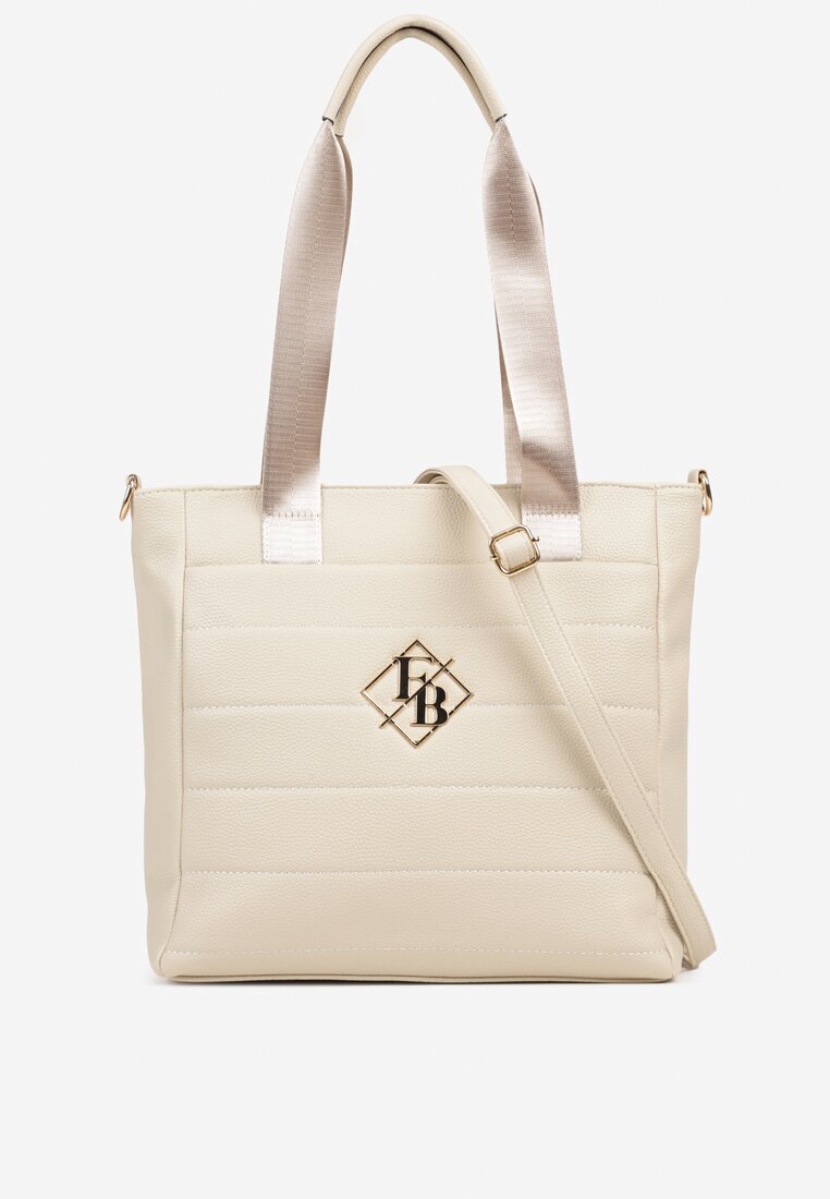 Beżowa Torebka Typu Shopper z Paskiem Crossbody i Aplikacją Zdobiona Pikowaniem Fleomira