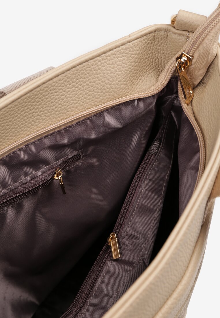 Ciemnobeżowa Torebka Typu Shopper z Paskiem Crossbody i Aplikacją Zdobiona Pikowaniem Fleomira