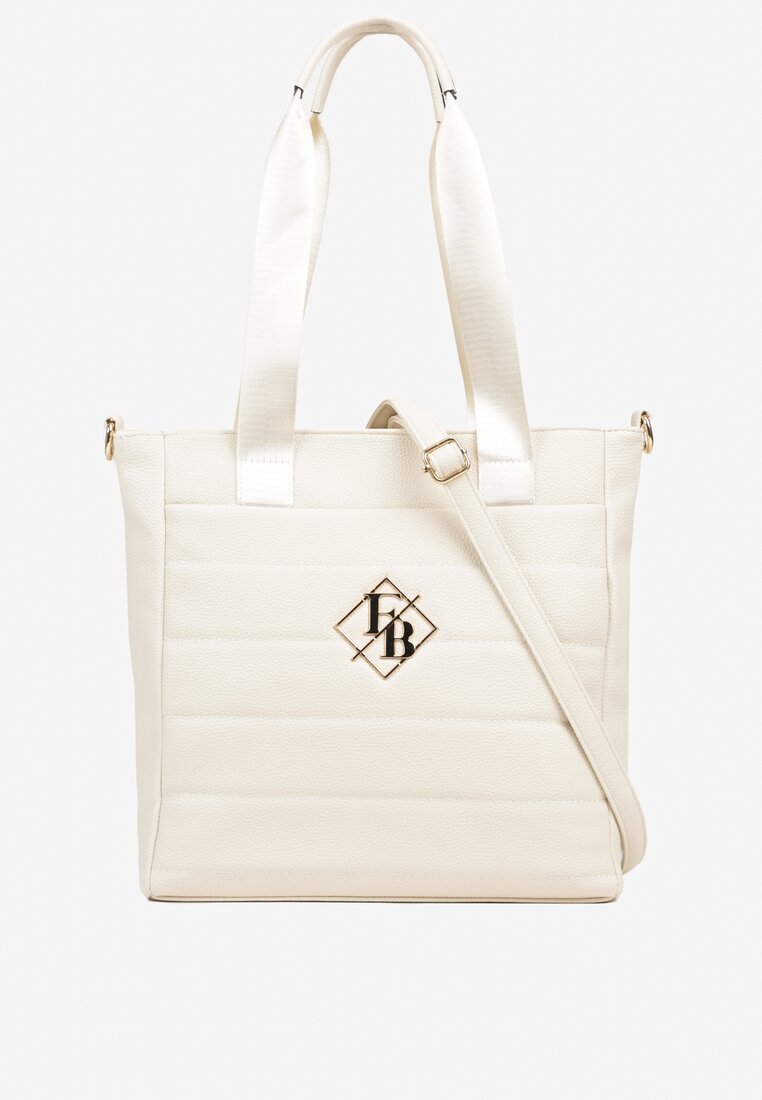 Biała Torebka Typu Shopper z Paskiem Crossbody i Aplikacją Zdobiona Pikowaniem Fleomira