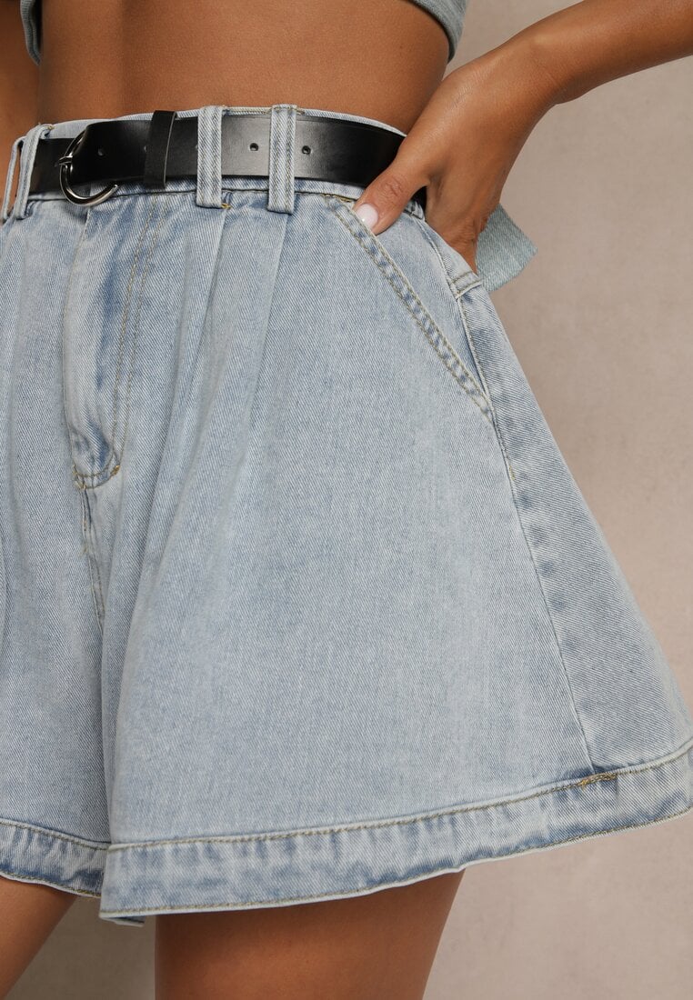 Jasnoniebieskie Szorty z Bawełny High Waist Ozdobione Paskiem Saromine