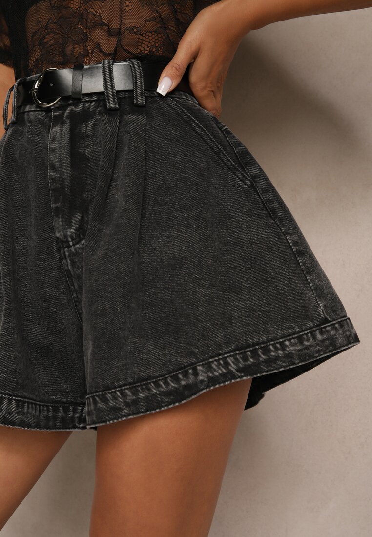 Czarne Szorty z Bawełny High Waist Ozdobione Paskiem Saromine