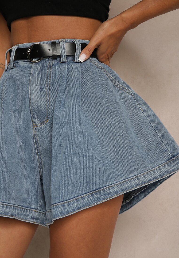 Niebieskie Szorty z Bawełny High Waist Ozdobione Paskiem Saromine